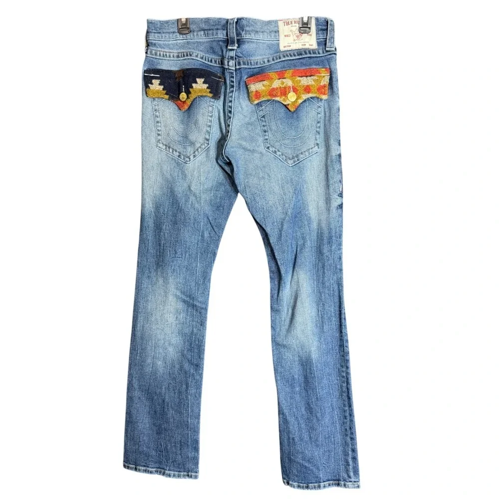 True Religion Mens Size 32 Ricky Relaxed Straight Jeans Distressed Flap Pockets